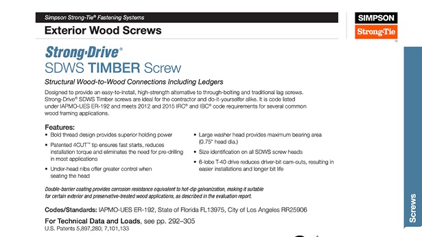 Simpson Strong-Tie Strong Drive Screws Technical Data